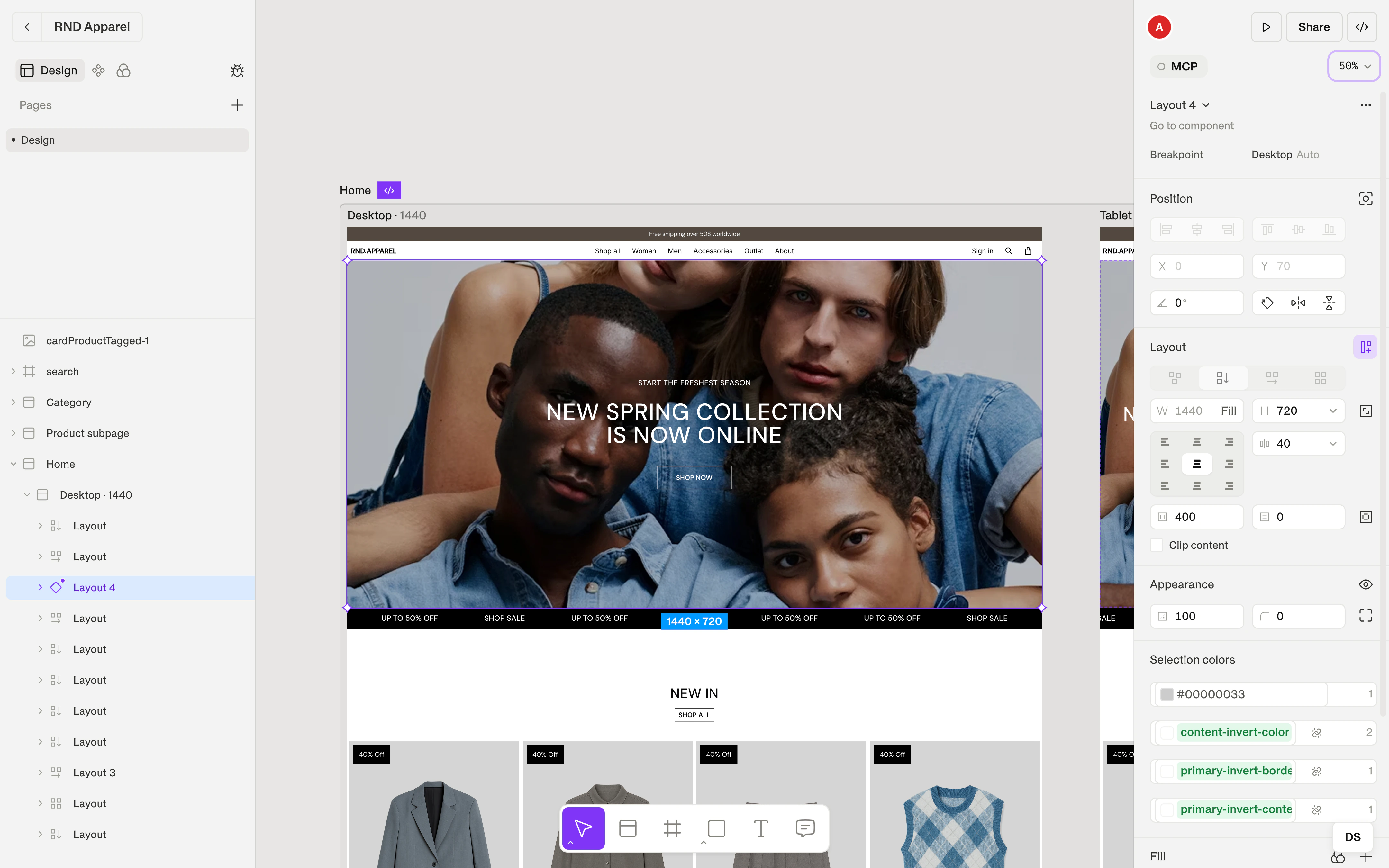 The Shippp editor with an online store open: pages and layers on the left, the canvas in the middle, the inspector on the right.
