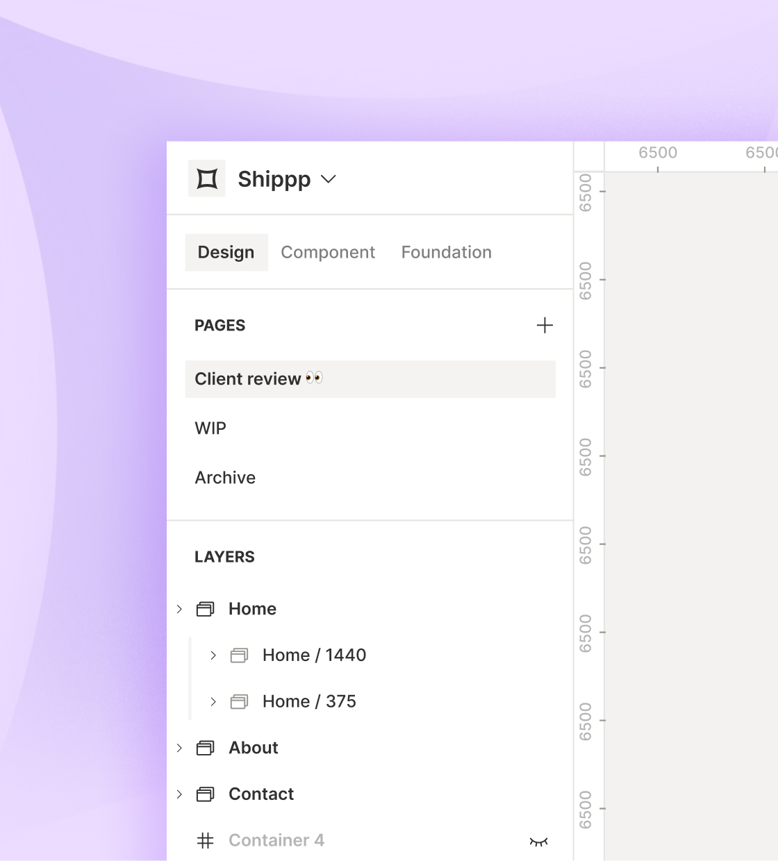 Shippp Platform UI panel with pages and layers next to the canvas ruler.